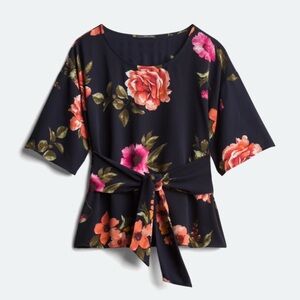 West Kei Floral Tie-Front Blouse Navy Pink Orange – Size L (Stitch Fix)